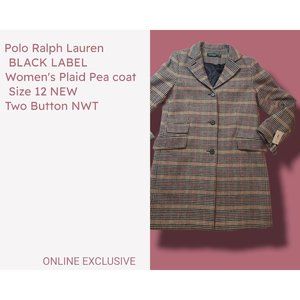 Polo Ralph Lauren BLACK LABEL Women's Plaid Pea coat Size 12 NEW Two Button NWT